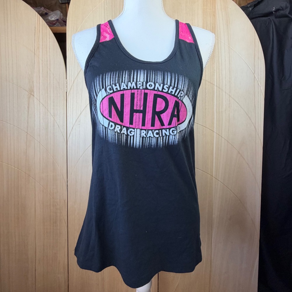 NHRA Drag Racing Tank Top M Black Pink Lace Racerback Graphic Tee Y2K Hot Rod
